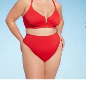 Ribbed High Waist High Leg Bikini Bottom and Ribbed Longline V-Wire Bikini Top